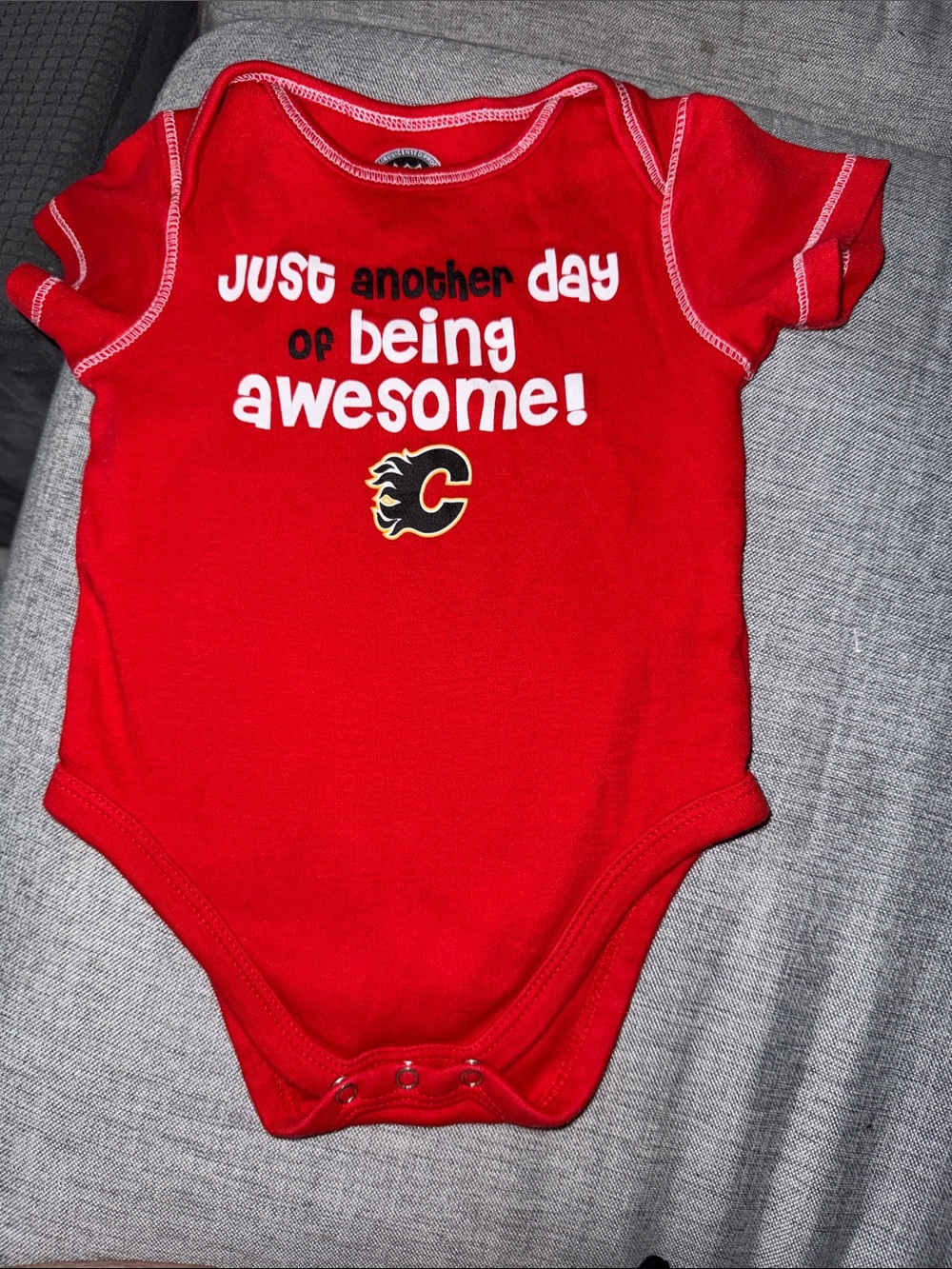 6-9m Calgary Flames Just Another Day of Being Awesome Red Baby EUC
